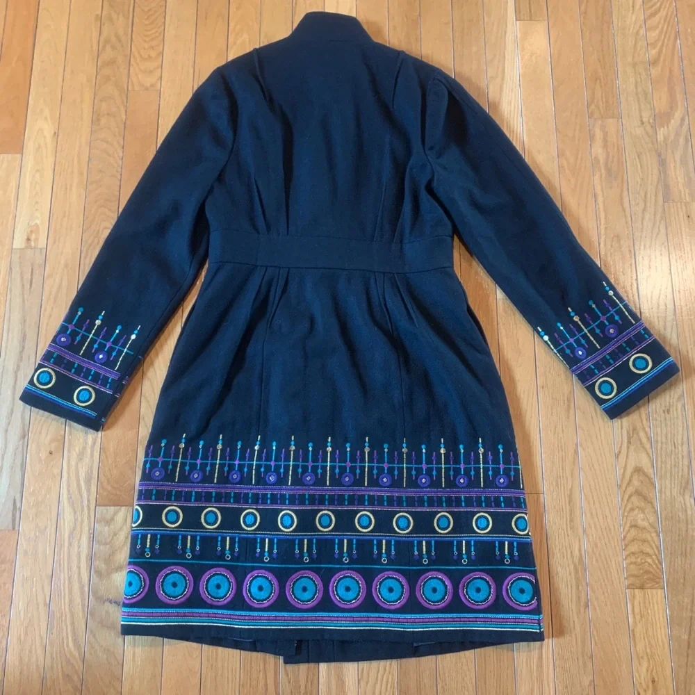 Plenty Tracy Reese Embroidered Wool Long Winter Coat Size 10 Black - Picture 6 of 7